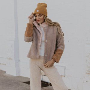 THML See You Later Sherpa Coat pink tan warm button boutique teddy jacket
